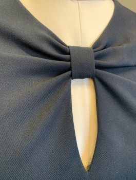 TED BAKER, Navy Blue, Polyester, Solid, Round Neck with Knot Detail (Like a Bow) at Front, Small Keyhole, Sheath Dress, Hem Below Knee, Exposed Gold Zipper in Back