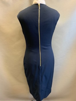 TED BAKER, Navy Blue, Polyester, Solid, Round Neck with Knot Detail (Like a Bow) at Front, Small Keyhole, Sheath Dress, Hem Below Knee, Exposed Gold Zipper in Back