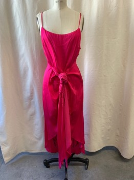 Womens, Cocktail Dress, CULT GAIA, Fuchsia Pink, Viscose, Rayon, Solid, M, Square Neckline, Spaghetti Straps, Self Belt, Tie Front, Ruched Down Center, High Low Hem, Zip Side