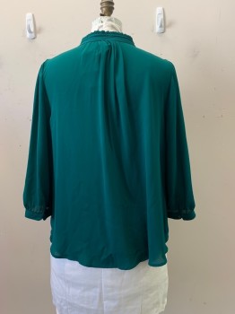 Womens, Blouse, WORTHINGTON, Emerald Green, Polyester, Solid, 1X, Round Neck, L/S, Hook & Eyes at Center of Neck, Ruffle Trim at Neck