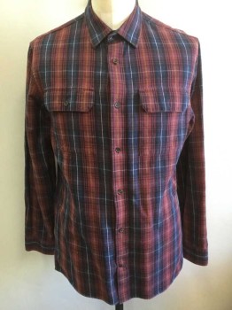 Mens, Casual Shirt, VINCE, Red Burgundy, Navy Blue, Mustard Yellow, White, Cotton, Plaid, Plaid-  Windowpane, 15, M, 33/34, Flannel, Long Sleeve Button Front, Collar Attached, 2 Pockets