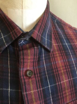Mens, Casual Shirt, VINCE, Red Burgundy, Navy Blue, Mustard Yellow, White, Cotton, Plaid, Plaid-  Windowpane, 15, M, 33/34, Flannel, Long Sleeve Button Front, Collar Attached, 2 Pockets