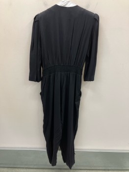 E.D. MICHAELS, Black, Rayon, Solid, Sweetheart Neckline, B.F., with Dull Gold Buttons, Zip Front, L/S with Pleats At Shoulder And Inverted Box Pleat Near Cuff, Dbl Pleated Pant, Elastic Back Waist, Self Tie Belt, 2 Pckts, Tapered Leg