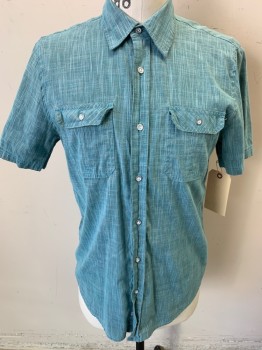 Mens, Casual Shirt, PD&C, Sea Foam Green, Cotton, Heathered, M, Slubbed Cotton, Short Sleeves, Button Front, Collar Attached, 2 Pockets,
