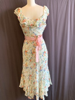 LOVE SHACK FANCY, White, Pink, Green, Blue, Silk, Floral, Scoop Neck, Ruffles Around Neck Line And Sleeves, Pink Grosgrain Ribbon Around Waist, Side Zip, Hem Maxi, With Inserts At Hem