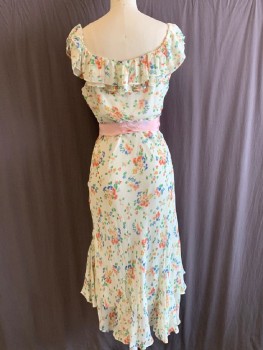 LOVE SHACK FANCY, White, Pink, Green, Blue, Silk, Floral, Scoop Neck, Ruffles Around Neck Line And Sleeves, Pink Grosgrain Ribbon Around Waist, Side Zip, Hem Maxi, With Inserts At Hem