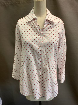 Womens, Blouse, FOXCROFT, White, Red, Cotton, Dots, 6, L/S, Button Front, Dotted Swiss
