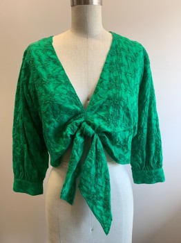 Womens, Top, ZARA, Green, Cotton, Textured Fabric, S, L/S, V Neck, Front Tie, Cropped,