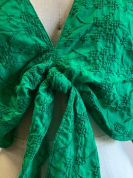 Womens, Top, ZARA, Green, Cotton, Textured Fabric, S, L/S, V Neck, Front Tie, Cropped,