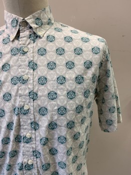 Mens, Casual Shirt, REYN SPOONER, Lt Gray, Sage Green, White, Cotton, Medallion Pattern, Circles, L, S/S, Button Front, Collar Attached, Chest Pocket