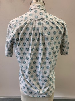Mens, Casual Shirt, REYN SPOONER, Lt Gray, Sage Green, White, Cotton, Medallion Pattern, Circles, L, S/S, Button Front, Collar Attached, Chest Pocket