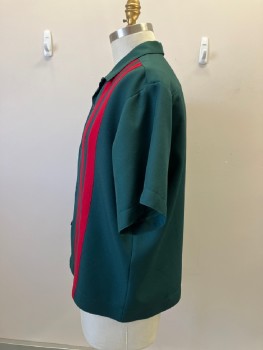 MONDORAMA, Forest Green, Red, Polyester, Stripes - Vertical , Color Blocking, Open Collar with Button Loop, S/S, Back Yoke, Twill, Double Vert Stripe Applque,