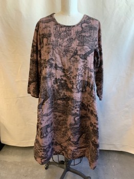 Womens, Dress, Long & 3/4 Sleeve, MORDENMISS, Mauve Pink, Black, Cotton, Novelty Pattern, S, Long Sleeves, Round Neck, 2 Pockets, S/E Asian Print with Man and Elephant
