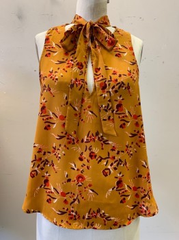 Womens, Blouse, ASTR, Mustard Yellow, Red, Dk Red, Orange, White, Polyester, Floral, M, Sleeveless, key Hole Neckline With Neck Tie, Cross Open Back,