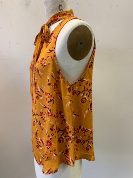 Womens, Blouse, ASTR, Mustard Yellow, Red, Dk Red, Orange, White, Polyester, Floral, M, Sleeveless, key Hole Neckline With Neck Tie, Cross Open Back,