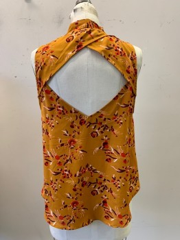 ASTR, Mustard Yellow, Red, Dk Red, Orange, White, Polyester, Floral, Sleeveless, key Hole Neckline With Neck Tie, Cross Open Back,
