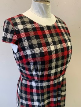 Womens, Dress, Short Sleeve, LIZ CLAIBORNE, Black, Red, Gray, Ecru, Polyester, Spandex, Check , Sz.16, Stretchy Material, Cap Sleeves, Round Neck,  A-Line, Box Pleats at Waist, Knee Length, Invisible Zipper in Back