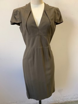 Womens, Dress, Short Sleeve, ROLAND MOURET, Dk Olive Grn, Viscose, Wool, Solid, W:29, B:36, H:36, Crepe, Cap Sleeves, V-neck, Esoteric Construction with Various Panels, Darts, and Flaps Throughout, 3" Wide Self Waistband, Fitted Through Hips, Knee Length, Exposed Zipper in Back, High End