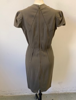 Womens, Dress, Short Sleeve, ROLAND MOURET, Dk Olive Grn, Viscose, Wool, Solid, W:29, B:36, H:36, Crepe, Cap Sleeves, V-neck, Esoteric Construction with Various Panels, Darts, and Flaps Throughout, 3" Wide Self Waistband, Fitted Through Hips, Knee Length, Exposed Zipper in Back, High End