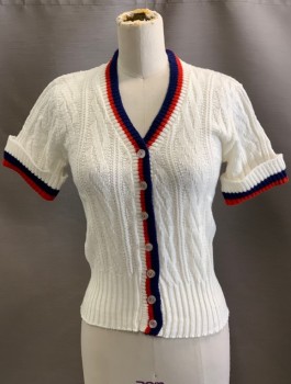 Womens, Sweater, ENGLISH VILLAGE, White, Navy Blue, Red, Acrylic, Cable Knit, S, V Neckline, Button Front, S/S,