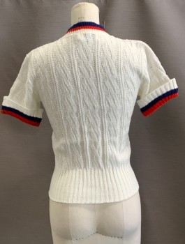 Womens, Sweater, ENGLISH VILLAGE, White, Navy Blue, Red, Acrylic, Cable Knit, S, V Neckline, Button Front, S/S,