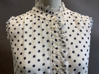 J CREW, Ivory White, Black, Silk, Polyester, Polka Dots, Pullover, Wrinkle Chiffon, Slvls, 6 Pearl Buttons, Raw Edge Ruffle Edges
