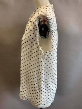 J CREW, Ivory White, Black, Silk, Polyester, Polka Dots, Pullover, Wrinkle Chiffon, Slvls, 6 Pearl Buttons, Raw Edge Ruffle Edges