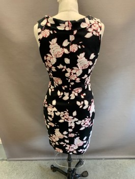 Womens, Dress, Sleeveless, DAVID MEISTER, Black, Red, Cream, Cotton, Polyester, Abstract , Floral, 28, 34, Square,Collar Neckline, Side Zipper