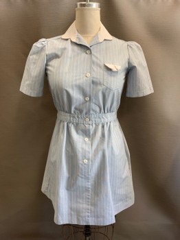 Womens, Waitress/Maid, UTY, Lt Blue, White, Poly/Cotton, Stripes - Vertical , W:40, B:40, White Collar, Button Front, S/S, 1 Faux Pocket with White Flap, Self Belt, *Stained On Right Side Of Back Yoke