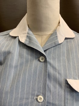 UTY, Lt Blue, White, Poly/Cotton, Stripes - Vertical , White Collar, Button Front, S/S, 1 Faux Pocket with White Flap, Self Belt, *Stained On Right Side Of Back Yoke