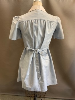 Womens, Waitress/Maid, UTY, Lt Blue, White, Poly/Cotton, Stripes - Vertical , W:40, B:40, White Collar, Button Front, S/S, 1 Faux Pocket with White Flap, Self Belt, *Stained On Right Side Of Back Yoke