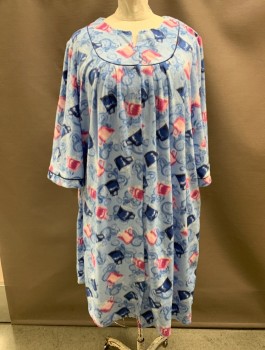 Womens, SPA Robe, WHITE STAG, Lt Blue, Blue, Pink, Multi-color, Polyester, Novelty Pattern, 3XL, Snap Front, No Collar, Navy Piping Detail, Coffee Cup Print, Bib Inset, Fleece, 2 Pockets