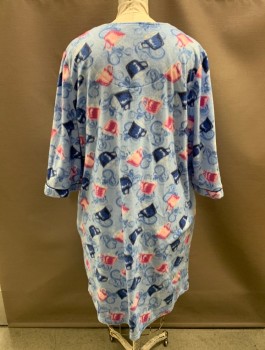 WHITE STAG, Lt Blue, Blue, Pink, Multi-color, Polyester, Novelty Pattern, Snap Front, No Collar, Navy Piping Detail, Coffee Cup Print, Bib Inset, Fleece, 2 Pockets