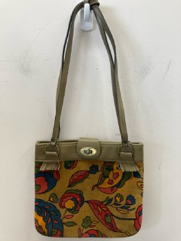 Womens, Purse, NL, Lt Brown with Multi Color Floral Velvet Fabric Lined Over Lt Brown Leather, 2 Leather Shoulder Straps