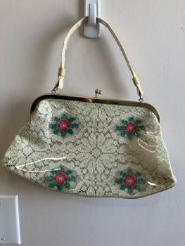 Womens, Purse, NL, OS, Cream Floral Lace with Pink & Green Detail with Clear Plastic Vinyl Over Layer, 1 Handle Strap, Gold Clam Shell Opening