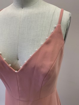 Womens, Evening Gown, LELA ROSE, Dusty Pink, Polyester, Solid, B:32, 2, W:26, Zip Back, Invisible Zipper, Spaghetti Straps, V-N, White Pearl Trim At Neckline, CF Slit