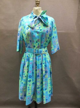 N/L, Turquoise Blue, Lime Green, Lavender Purple, Blue, Silk, Floral, Novelty Pattern, 3/4 Sleeve, Pleated At Waist, A Line, 3 Large Lavender Plastic Buttons @ Center Front, V Neck W/Curved Collar, Attached Self Tie Bow @ Neck, **Comes With Matching Self Fabric Belt: At Time Of Inventory Belt Is Damaged, Cracked At Center.