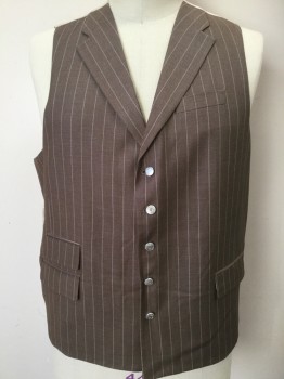 Mens, Suit, Vest, ROSSI MAN, Lt Brown, Lt Pink, Cream, Wool, Polyester, Stripes - Vertical , Paisley/Swirls, 48R, Heather Light Brown with Light Pink Pin-stripes, with Beige Paisley Print Lining & Backing, Notched Lapel, Single Breasted, 5 Silver Button Front, 4  Pockets, "v" Split Center Back Hem with Short Belt W/silver Buckle Back