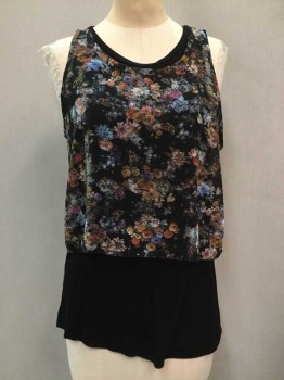 Womens, Top, MNG Collection, Black, Multi-color, Polyester, Viscose, Floral, 4, Black Tank with Multi Color Sheer Tank On Top with Multi Color Floral Print, Sleeveless, Round Neck