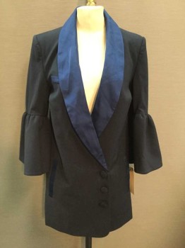 Womens, Blazer, Fame And Partners, Navy Blue, Dk Blue, Polyester, Solid, 0, Asymmetrical 3 Button Closure, Shawl Collar, Faux Chest Welt Pocket, Rouched Bell Sleeves