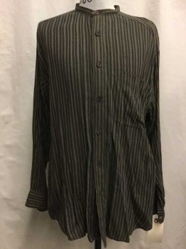 Claiborne, Brown, Graphite Gray, Stripes, Button Front, Collar Band, Long Sleeves, 1 Pocket,