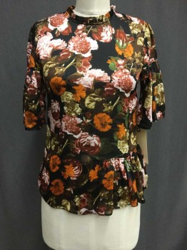 H & M, Black, Red Burgundy, Orange, Lt Pink, Brown, Polyester, Floral, Floral Short Sleeve, Self Ruffled Hem, Collar & Cuffs, Pull Over, Keyhole Back, See Photo Attached,