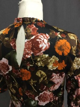 H & M, Black, Red Burgundy, Orange, Lt Pink, Brown, Polyester, Floral, Floral Short Sleeve, Self Ruffled Hem, Collar & Cuffs, Pull Over, Keyhole Back, See Photo Attached,