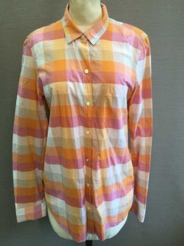 GAP, Orange, Pink, Lt Pink, Apricot Orange, Cotton, Check , Oversized Check Pattern, Long Sleeve Button Front, 1 Pocket
