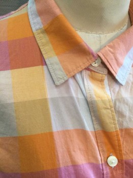 GAP, Orange, Pink, Lt Pink, Apricot Orange, Cotton, Check , Oversized Check Pattern, Long Sleeve Button Front, 1 Pocket