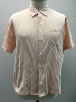 TOMMY BAHAMA, Orange, White, Cotton, Silk, Geometric, Stripes - Vertical , Short Sleeves, Button Front, Collar Attached, 1 Pocket, Embroidered Check Pattern
