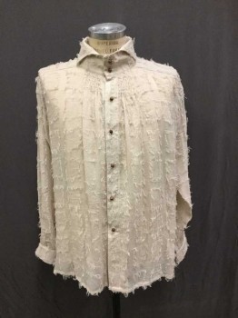 Mens, Historical Fiction Shirt, Beige, Rayon, Cotton, 40, Long Sleeves, Cutaway Stand Collar, 7 Wood Buttons Center Front, Frayed Textured Squares, Smocking At Neck Front, Center Back, Slv Upper And Cuff, Double