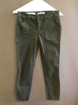 MADEWELL, Olive Green, Cotton, Solid, Skinny, Ankle Zippers, Back Flap Patch Pockets