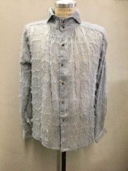 Mens, Historical Fiction Shirt, N/L, Lt Gray, Solid, Pirate/Historical Shirt, Textured "Eyelash" Gauze W/Squares W/Fluffy Edges, Long Sleeve Button Front, Wood Round Buttons, Folded Stand Collar