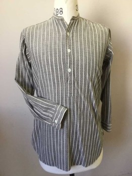 G.W. & M, Gray, White, Cotton, Stripes, Working Class Shirt, Textured Stripe, 3 Button Placet, Long Sleeves with Cuffs. Collar Band
